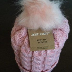 JUST COZY KNIT HAT BONNET.  ONE SIZE FITS.  COLOR: PINK
